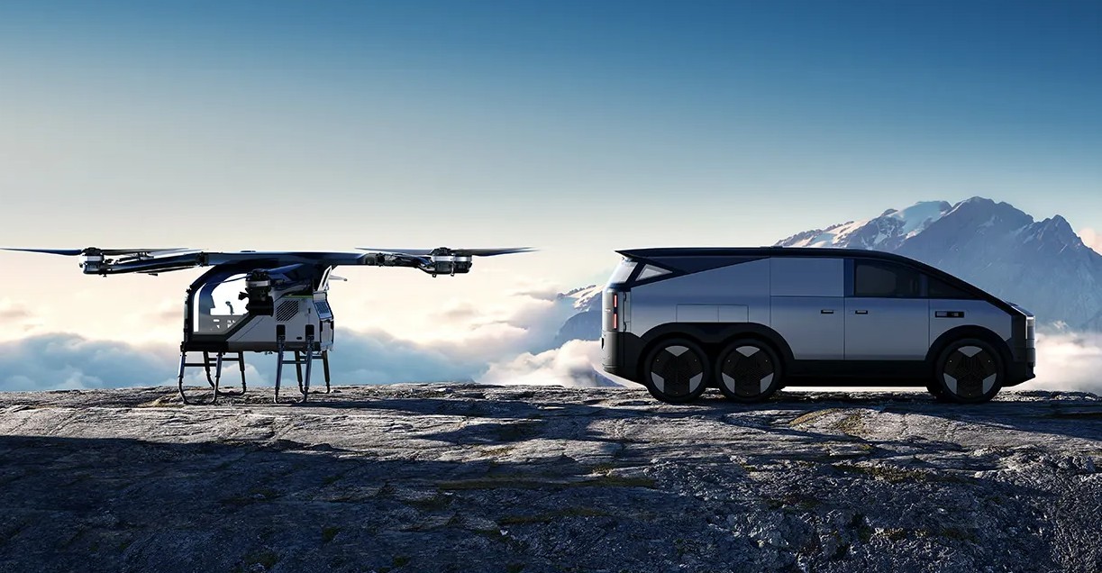 Xpeng's Land Aircraft Carrier is featuring a six-wheeled vehicle and a compact aircraft (source: Xpeng Aeroht).